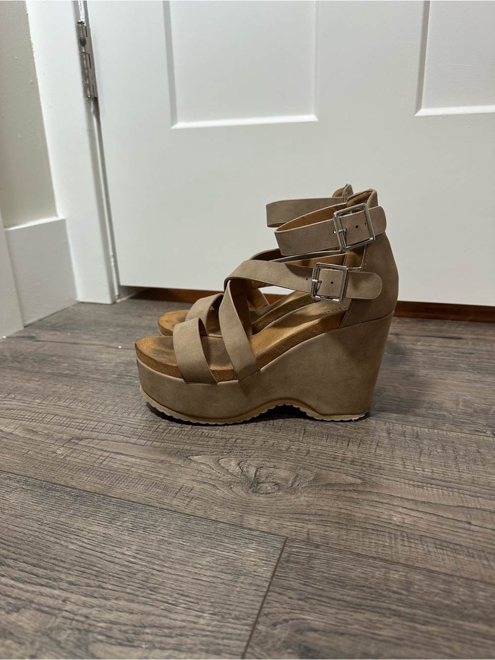 Charlotte Russe Taupe Strappy Platform Wedge Sandals